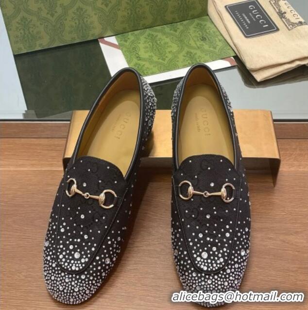 Duplicate Gucci Jordaan GG Canvas Flat Loafers with Strass Black 1119008