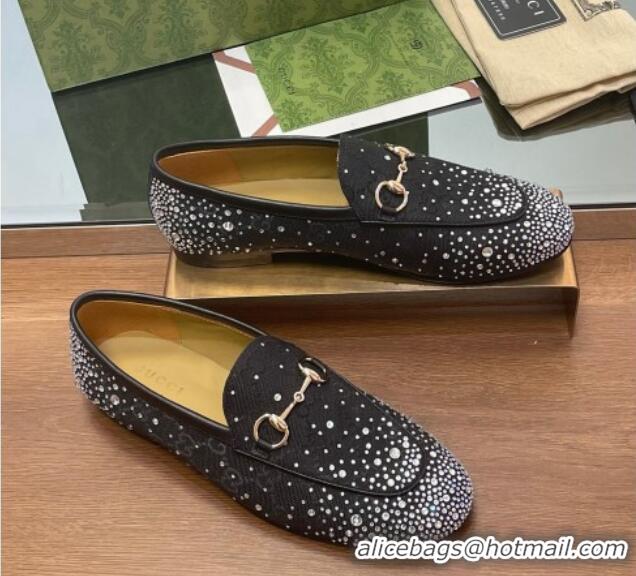 Duplicate Gucci Jordaan GG Canvas Flat Loafers with Strass Black 1119008