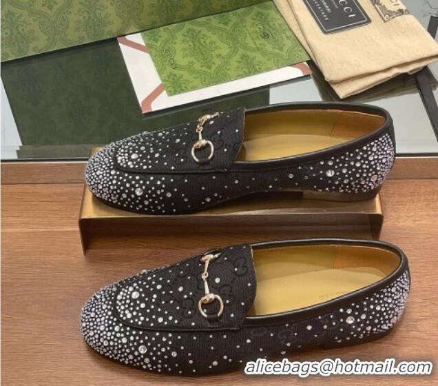 Duplicate Gucci Jordaan GG Canvas Flat Loafers with Strass Black 1119008