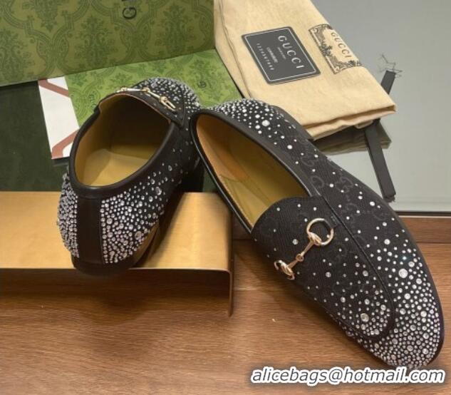 Duplicate Gucci Jordaan GG Canvas Flat Loafers with Strass Black 1119008