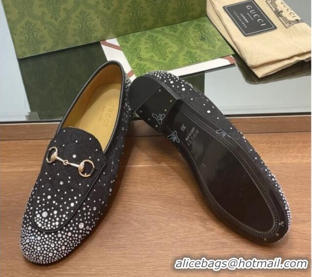 Duplicate Gucci Jordaan GG Canvas Flat Loafers with Strass Black 1119008