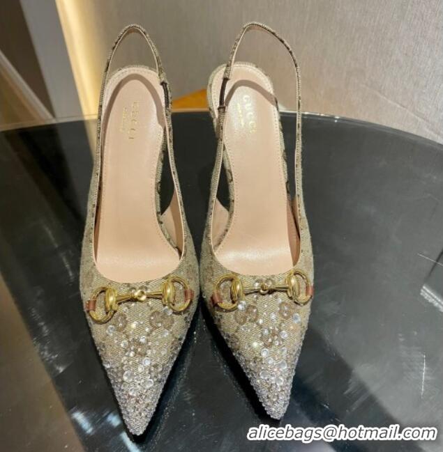 Purchase Gucci GG Canvas Slingback Pumps 10.5cm with Strass Beige 1119009