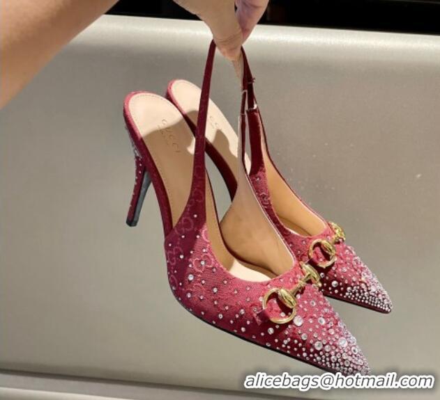 Good Quality Gucci GG Canvas Slingback Pumps 10.5cm with Strass Red 1119012