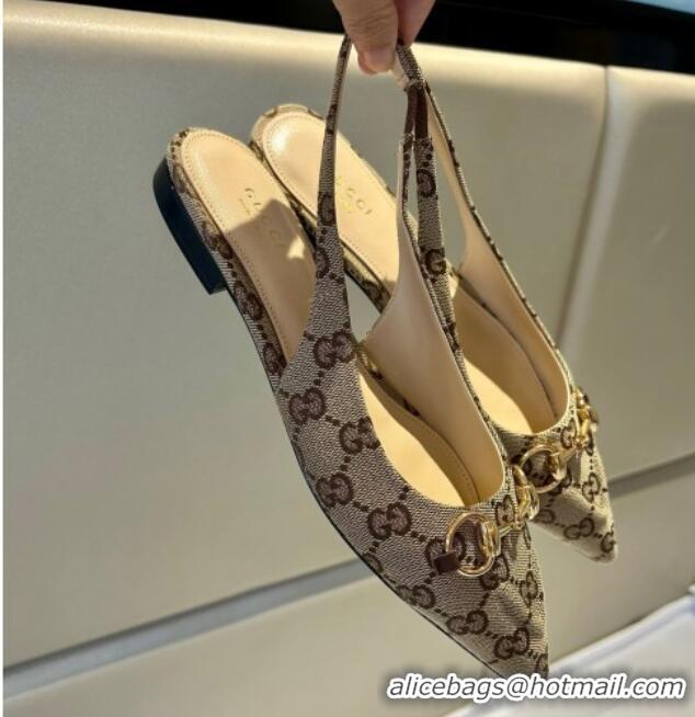 Stylish Gucci GG Canvas Slingback Flat with Horsebit Beige 1119013