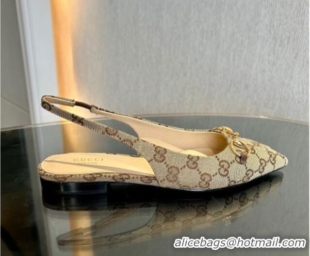 Stylish Gucci GG Canvas Slingback Flat with Horsebit Beige 1119013