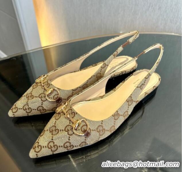 Stylish Gucci GG Canvas Slingback Flat with Horsebit Beige 1119013