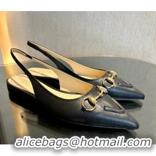 Best Grade Gucci Leather Slingback Flat with Horsebit Black 119014