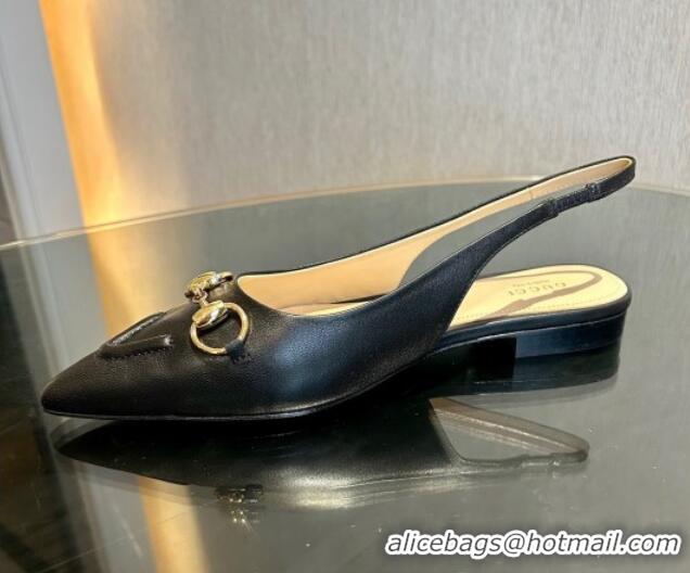 Best Grade Gucci Leather Slingback Flat with Horsebit Black 119014