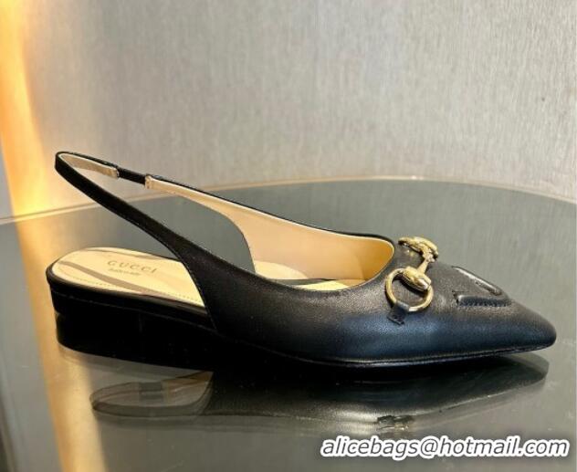 Best Grade Gucci Leather Slingback Flat with Horsebit Black 119014