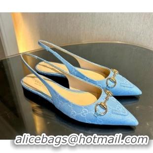 Hot Style Gucci GG Canvas Slingback Flat with Horsebit Light Blue 1119016