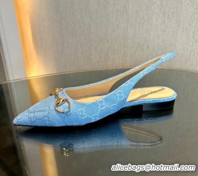 Hot Style Gucci GG Canvas Slingback Flat with Horsebit Light Blue 1119016