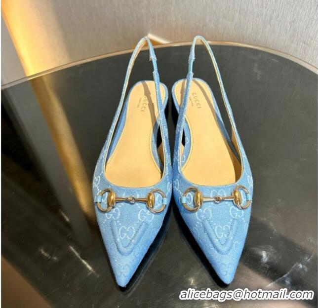 Hot Style Gucci GG Canvas Slingback Flat with Horsebit Light Blue 1119016