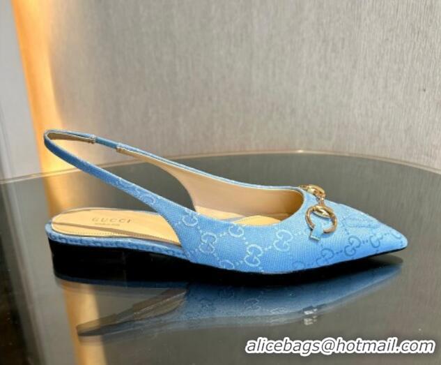 Hot Style Gucci GG Canvas Slingback Flat with Horsebit Light Blue 1119016