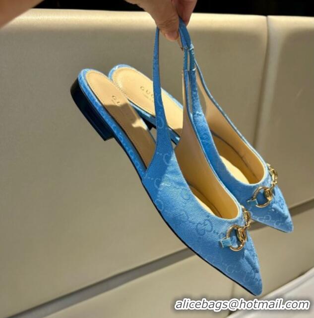 Hot Style Gucci GG Canvas Slingback Flat with Horsebit Light Blue 1119016