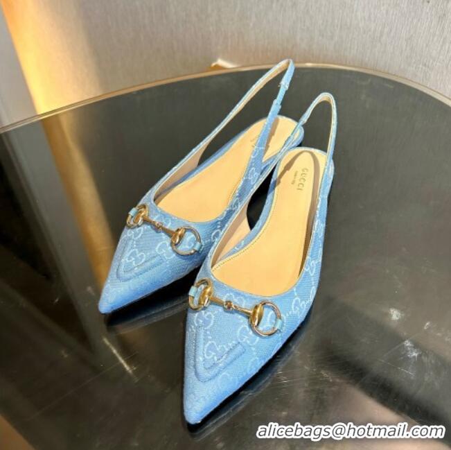 Hot Style Gucci GG Canvas Slingback Flat with Horsebit Light Blue 1119016