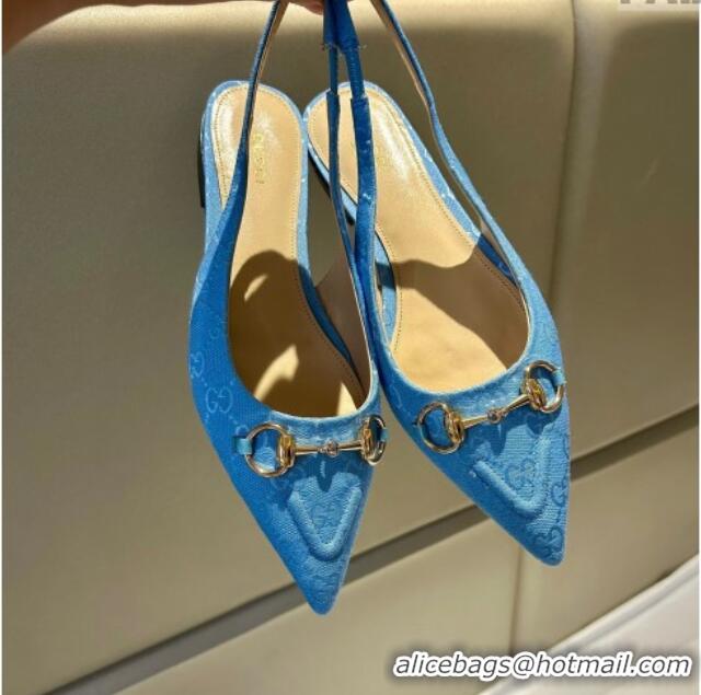 Hot Style Gucci GG Canvas Slingback Flat with Horsebit Light Blue 1119016