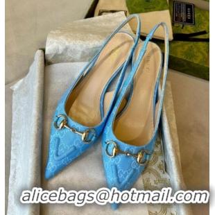 Good Quality Gucci GG Canvas Slingback Pumps 4.5cm with Horsebit Light Blue 1119020