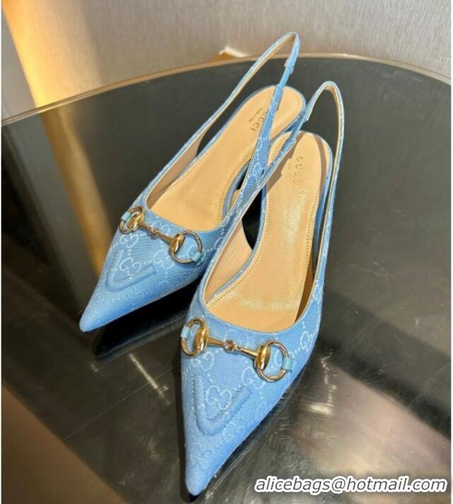 Good Quality Gucci GG Canvas Slingback Pumps 4.5cm with Horsebit Light Blue 1119020