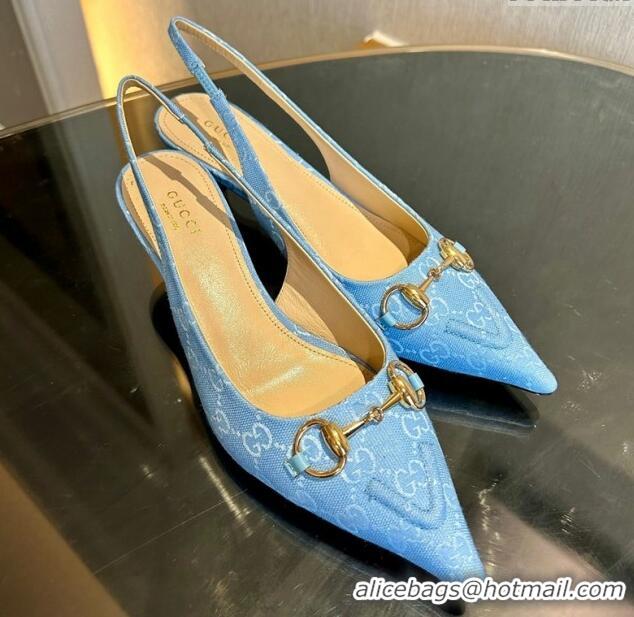 Good Quality Gucci GG Canvas Slingback Pumps 4.5cm with Horsebit Light Blue 1119020