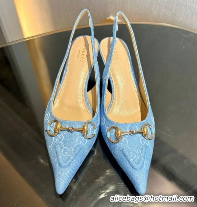 Good Quality Gucci GG Canvas Slingback Pumps 4.5cm with Horsebit Light Blue 1119020