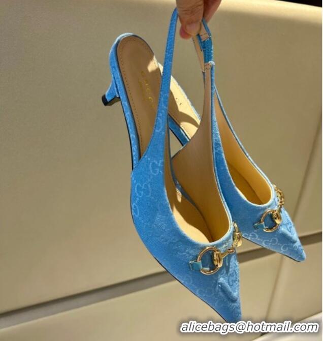 Good Quality Gucci GG Canvas Slingback Pumps 4.5cm with Horsebit Light Blue 1119020