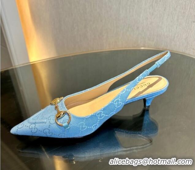 Good Quality Gucci GG Canvas Slingback Pumps 4.5cm with Horsebit Light Blue 1119020