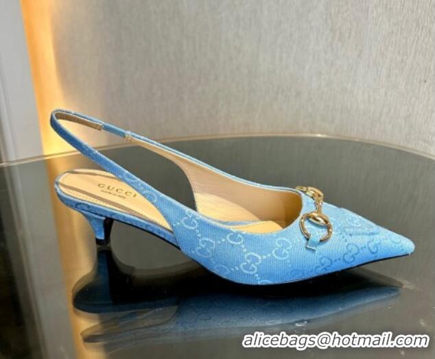 Good Quality Gucci GG Canvas Slingback Pumps 4.5cm with Horsebit Light Blue 1119020