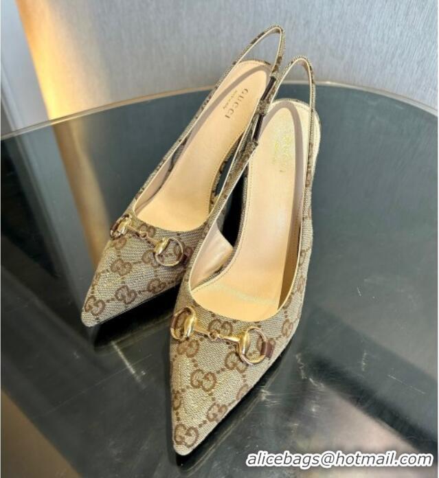 Good Quality Gucci GG Canvas Slingback Pumps 10.5cm with Horsebit Beige 119023