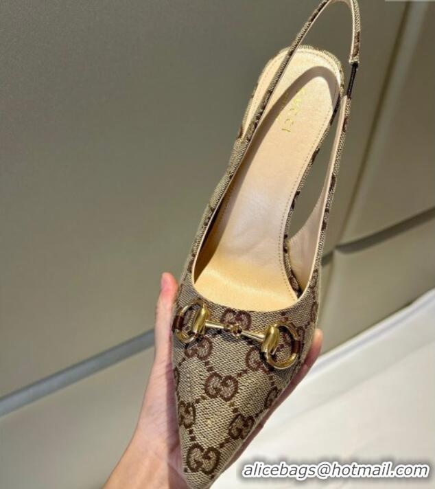 Good Quality Gucci GG Canvas Slingback Pumps 10.5cm with Horsebit Beige 119023