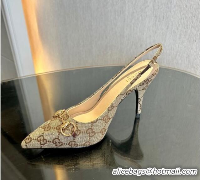 Good Quality Gucci GG Canvas Slingback Pumps 10.5cm with Horsebit Beige 119023