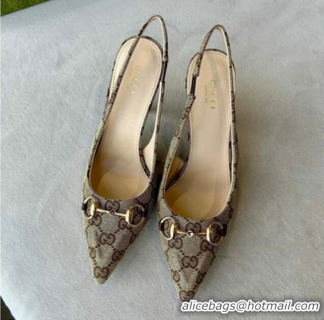 Good Quality Gucci GG Canvas Slingback Pumps 10.5cm with Horsebit Beige 119023