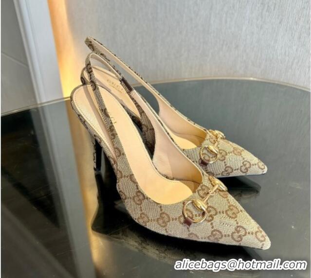 Good Quality Gucci GG Canvas Slingback Pumps 10.5cm with Horsebit Beige 119023