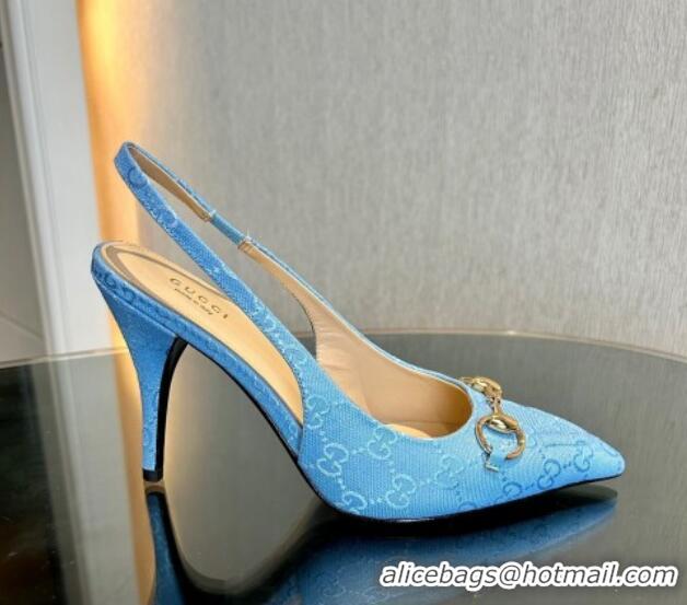 Pretty Style Gucci GG Canvas Slingback Pumps 10.5cm with Horsebit Light Blue 1119024