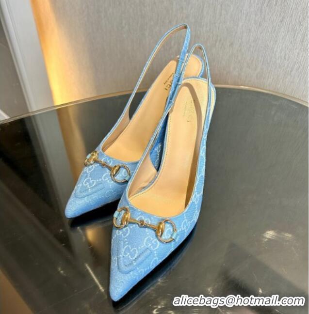 Pretty Style Gucci GG Canvas Slingback Pumps 10.5cm with Horsebit Light Blue 1119024