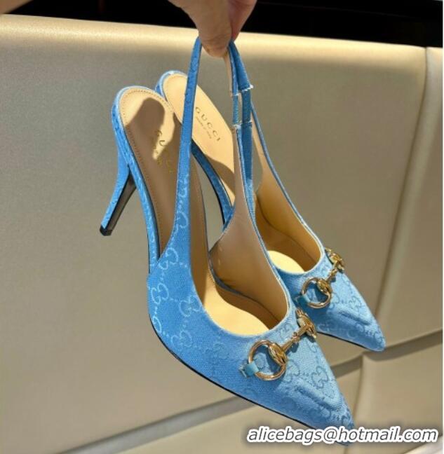 Pretty Style Gucci GG Canvas Slingback Pumps 10.5cm with Horsebit Light Blue 1119024