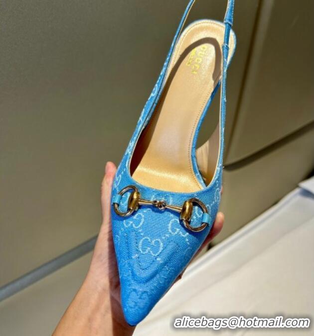 Pretty Style Gucci GG Canvas Slingback Pumps 10.5cm with Horsebit Light Blue 1119024