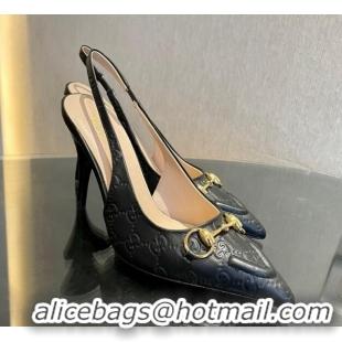 Best Grade Gucci GG Leather Slingback Pumps 10.5cm with Horsebit 782627 Black 119029