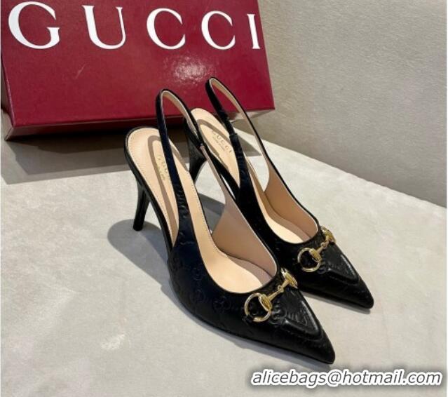 Best Grade Gucci GG Leather Slingback Pumps 10.5cm with Horsebit 782627 Black 119029