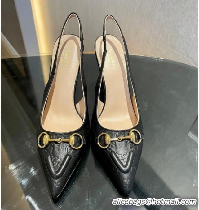 Best Grade Gucci GG Leather Slingback Pumps 10.5cm with Horsebit 782627 Black 119029