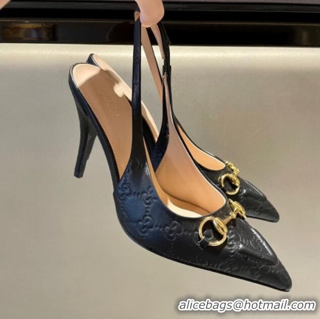 Best Grade Gucci GG Leather Slingback Pumps 10.5cm with Horsebit 782627 Black 119029