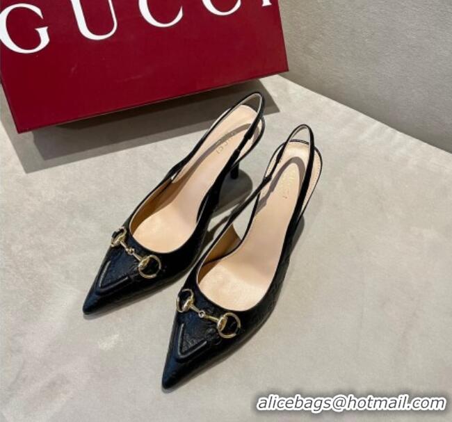 Best Grade Gucci GG Leather Slingback Pumps 10.5cm with Horsebit 782627 Black 119029