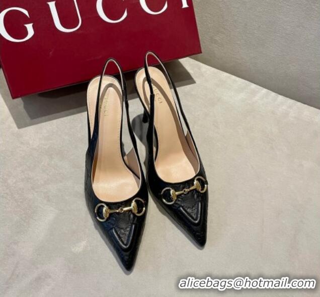 Best Grade Gucci GG Leather Slingback Pumps 10.5cm with Horsebit 782627 Black 119029