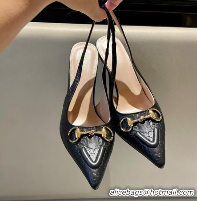 Best Grade Gucci GG Leather Slingback Pumps 10.5cm with Horsebit 782627 Black 119029