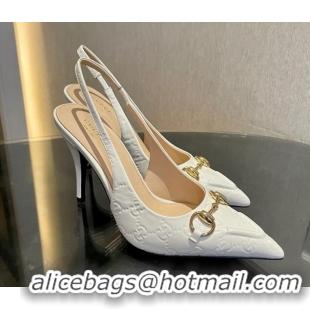 Purchase Gucci GG Leather Slingback Pumps 10.5cm with Horsebit 782627 White 1119030