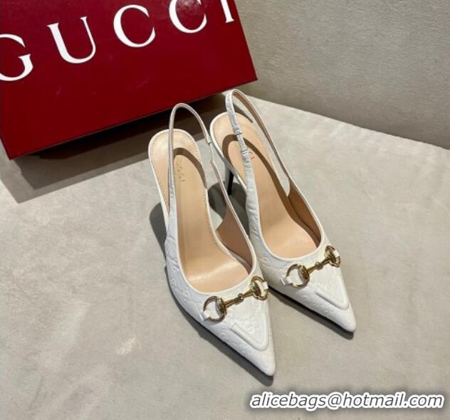 Purchase Gucci GG Leather Slingback Pumps 10.5cm with Horsebit 782627 White 1119030