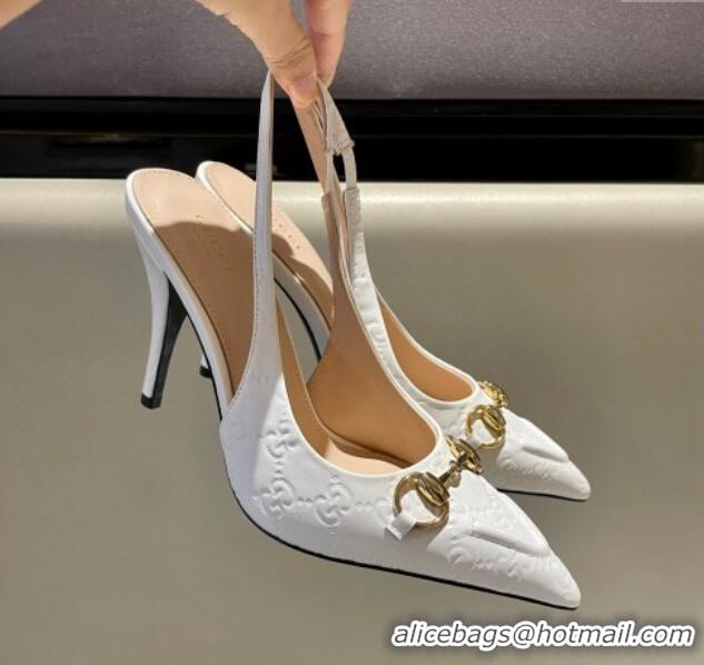 Purchase Gucci GG Leather Slingback Pumps 10.5cm with Horsebit 782627 White 1119030