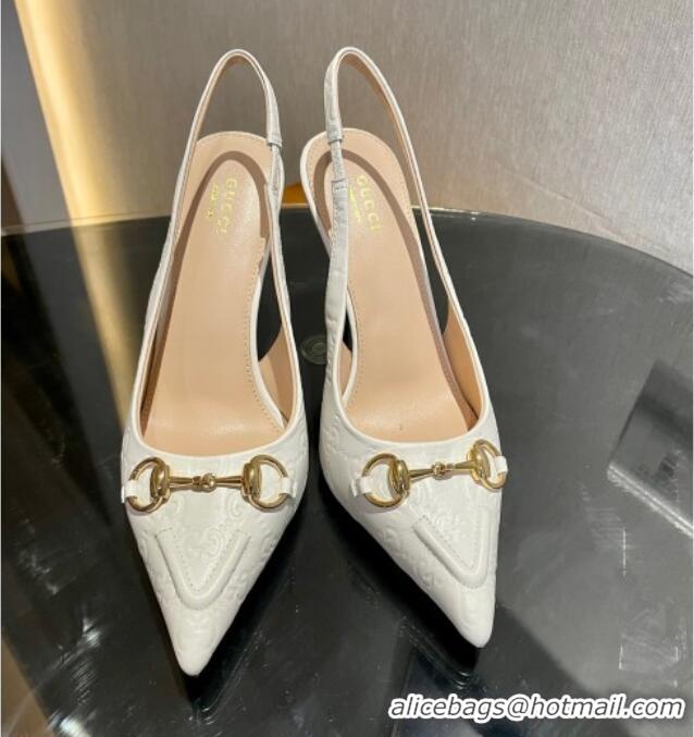 Purchase Gucci GG Leather Slingback Pumps 10.5cm with Horsebit 782627 White 1119030