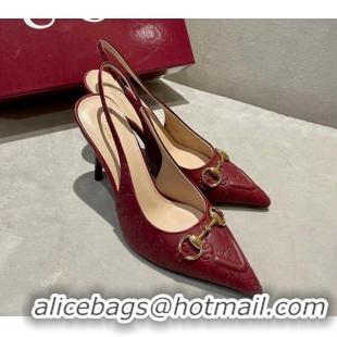 Best Product Gucci GG Leather Slingback Pumps 10.5cm with Horsebit 782627 Burgundy 1119031