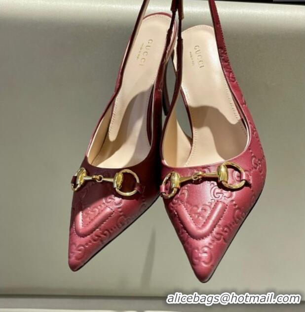 Best Product Gucci GG Leather Slingback Pumps 10.5cm with Horsebit 782627 Burgundy 1119031