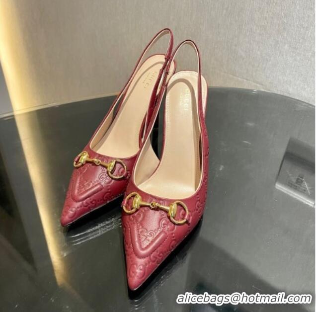 Best Product Gucci GG Leather Slingback Pumps 10.5cm with Horsebit 782627 Burgundy 1119031